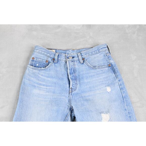 Levis 501 Jeans Womens 27x30 (27x28 Actual) Straight Button Fly Blue Distressed - Picture 4 of 11